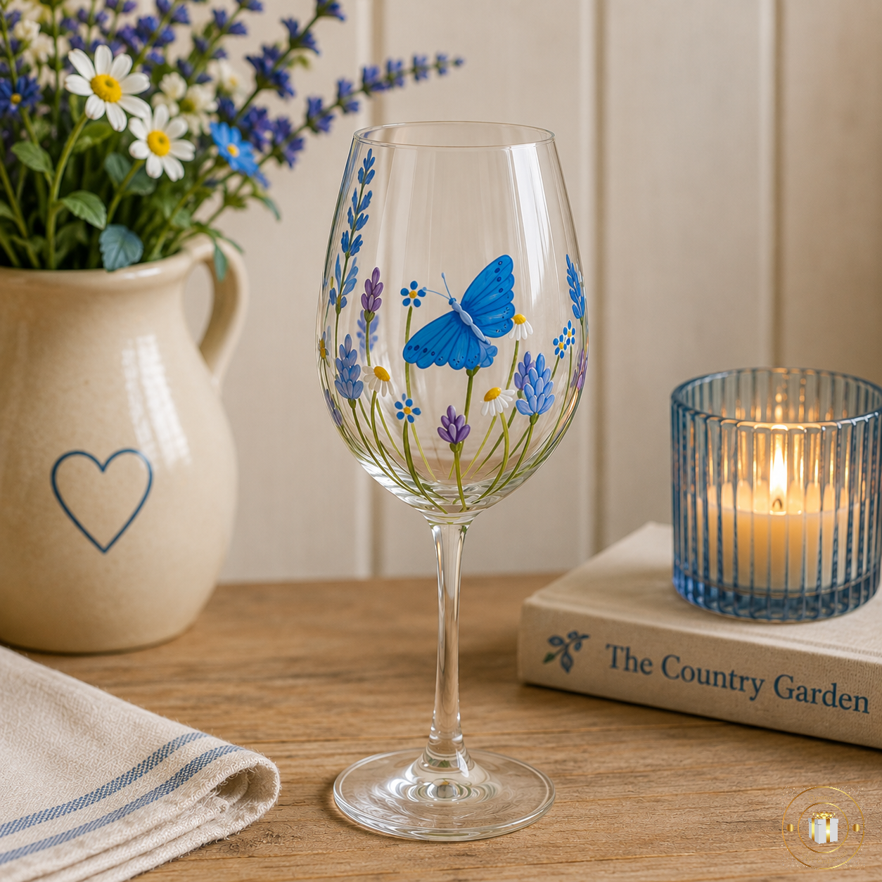 Hand Painted Butterfly Garden Wine Glass