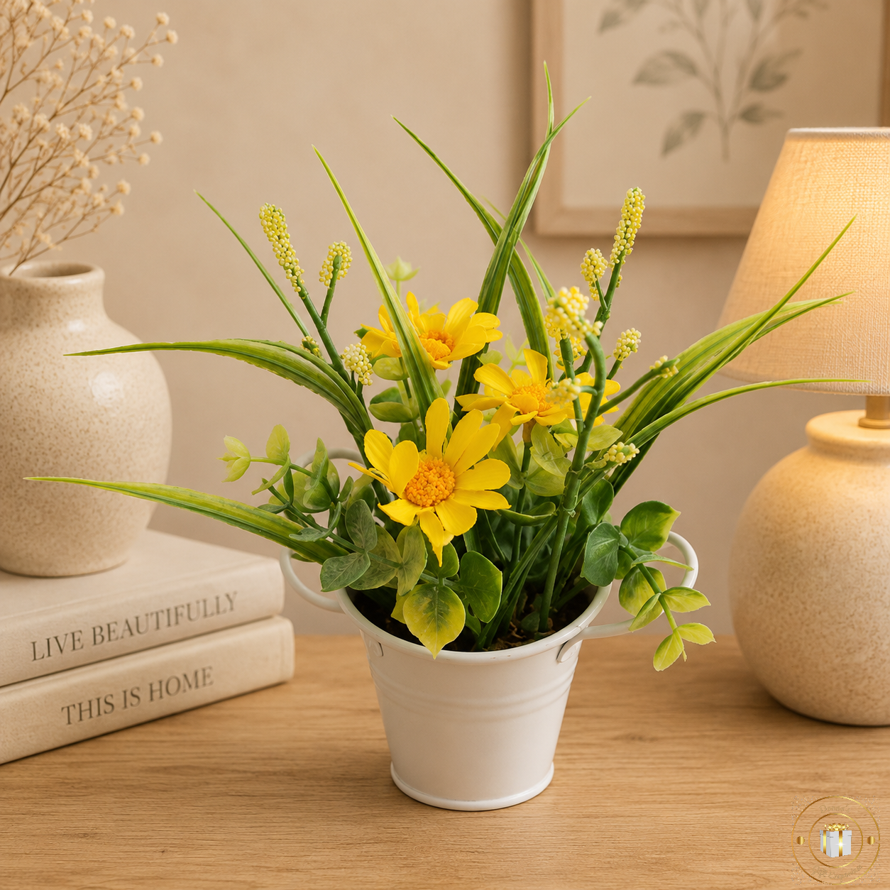 Yellow Floral Arrangement In White Metal Pot