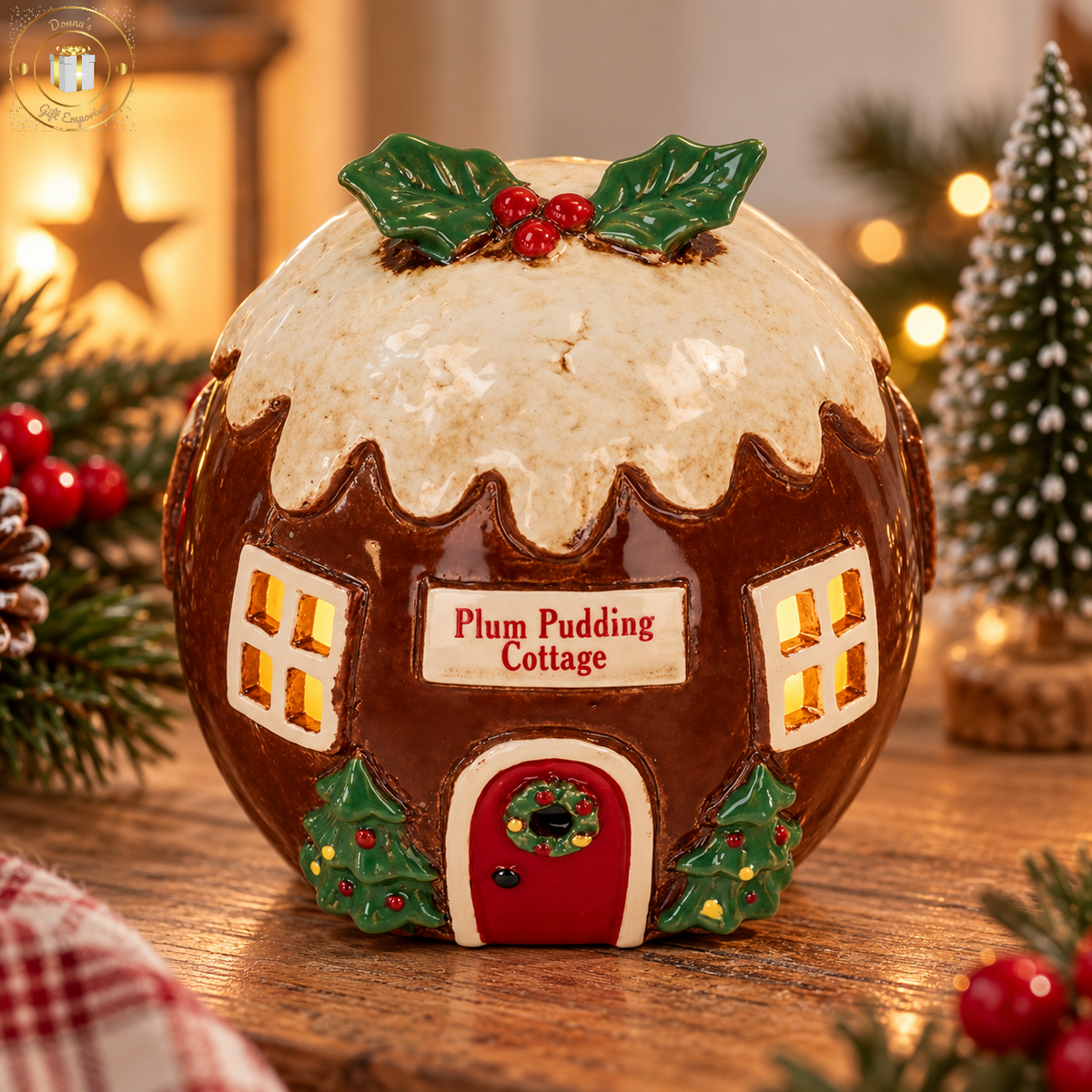 Village Pottery Christmas Plum Pudding Cottage Tealight Holder