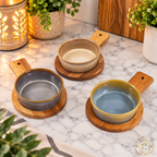 Set of 3 Reactive Glazed Ceramic Serving Bowls with Wooden Boards