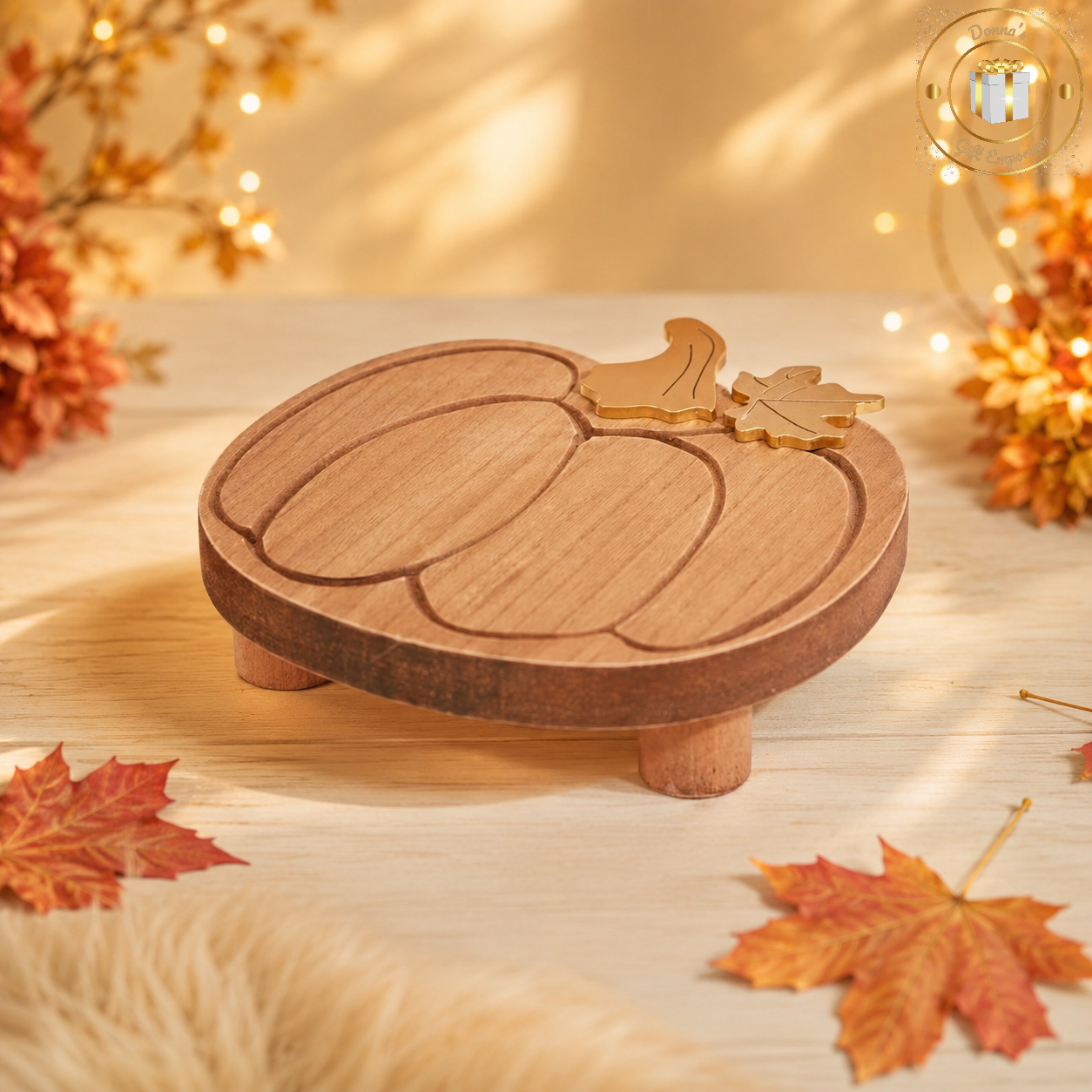 Chunky Rustic Wooden Autumn Pumpkin Styling Tray With Gold Stem & Leaf