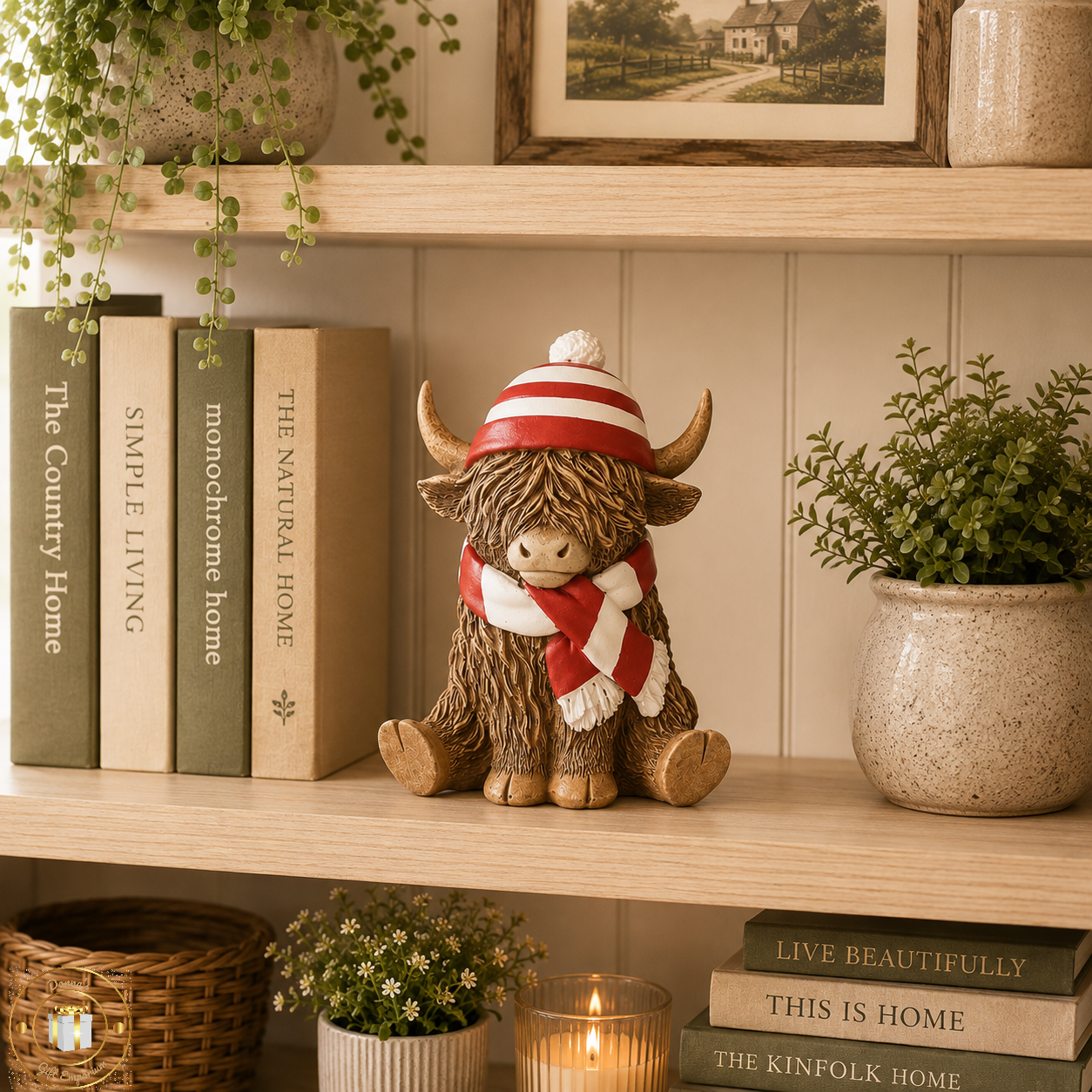 Highland Cow With Red Hat & Scarf