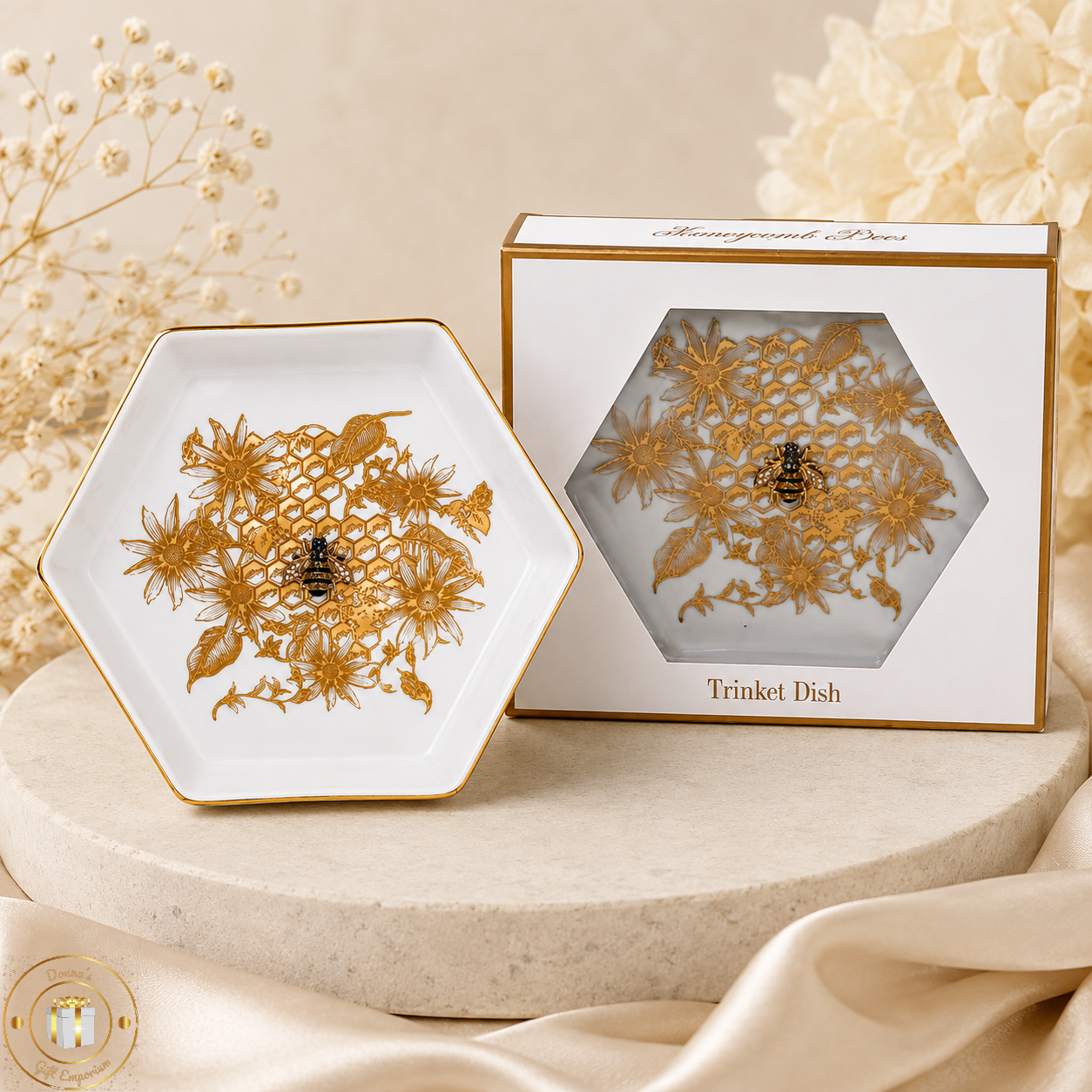Golden Honeycomb Bee Trinket Dish