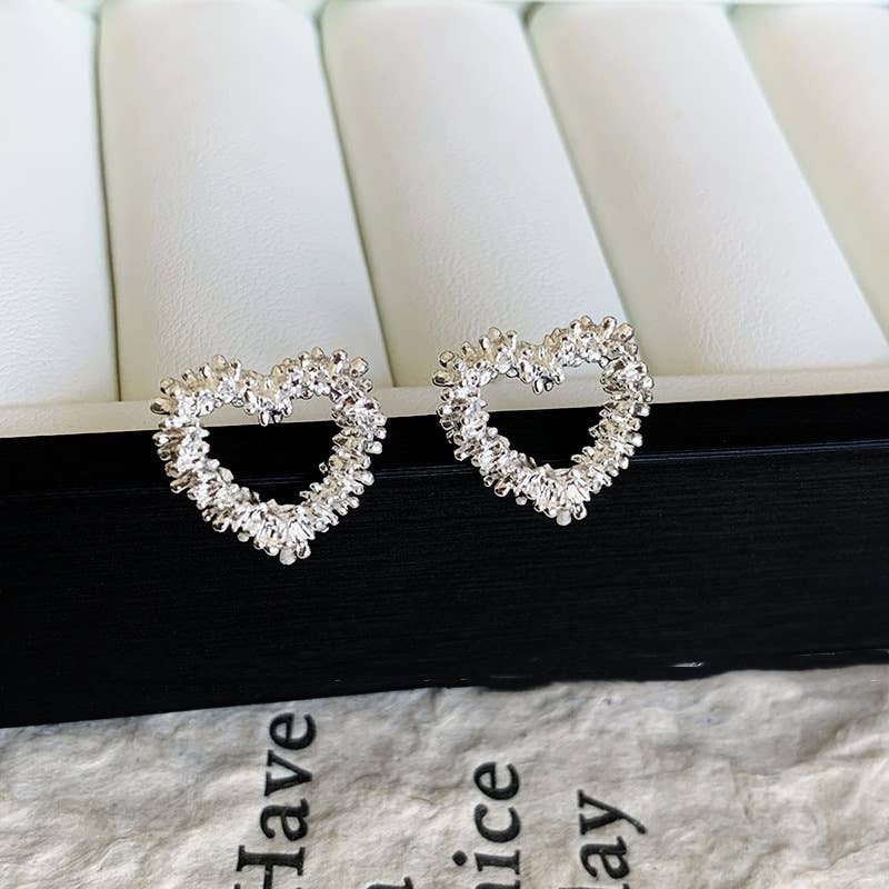 Textured Heart Outline Stud in Silver