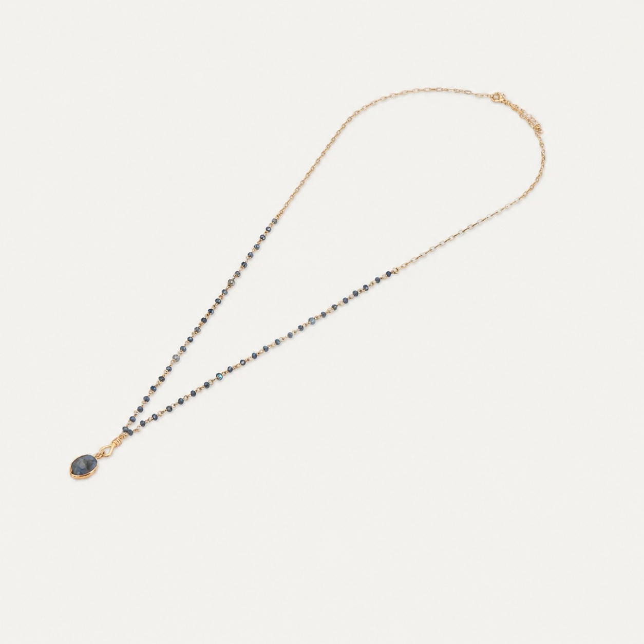 Venus Long Blue Crystal Necklace With Semi-Precious Stone Pendant In Gold-Tone