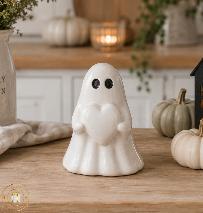 Ceramic Ghost With Heart Ornament