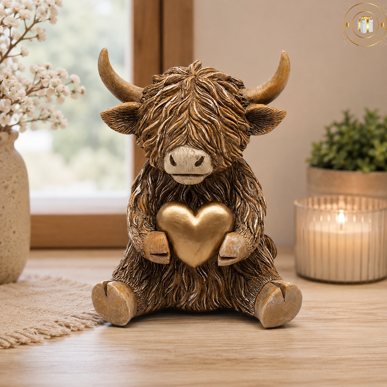 Highland Cow Holdind A Gold Heart Ornament