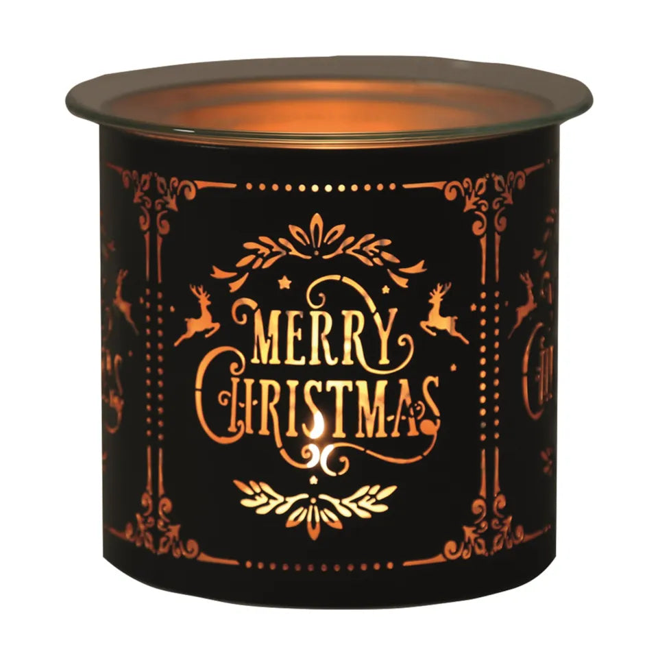 Tealight Wax Melter Burner and Candle Holder - Black & Gold Silhouette - Merry Christmas