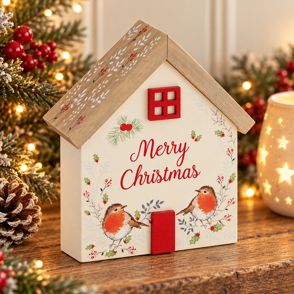 Christmas Robin Wooden Freestanding House Block - Merry Christmas