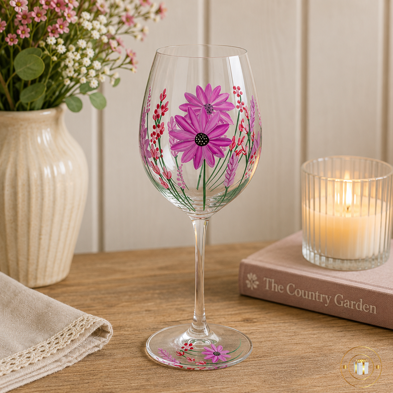 Hand Painted Pink Gerbera Wine Glass