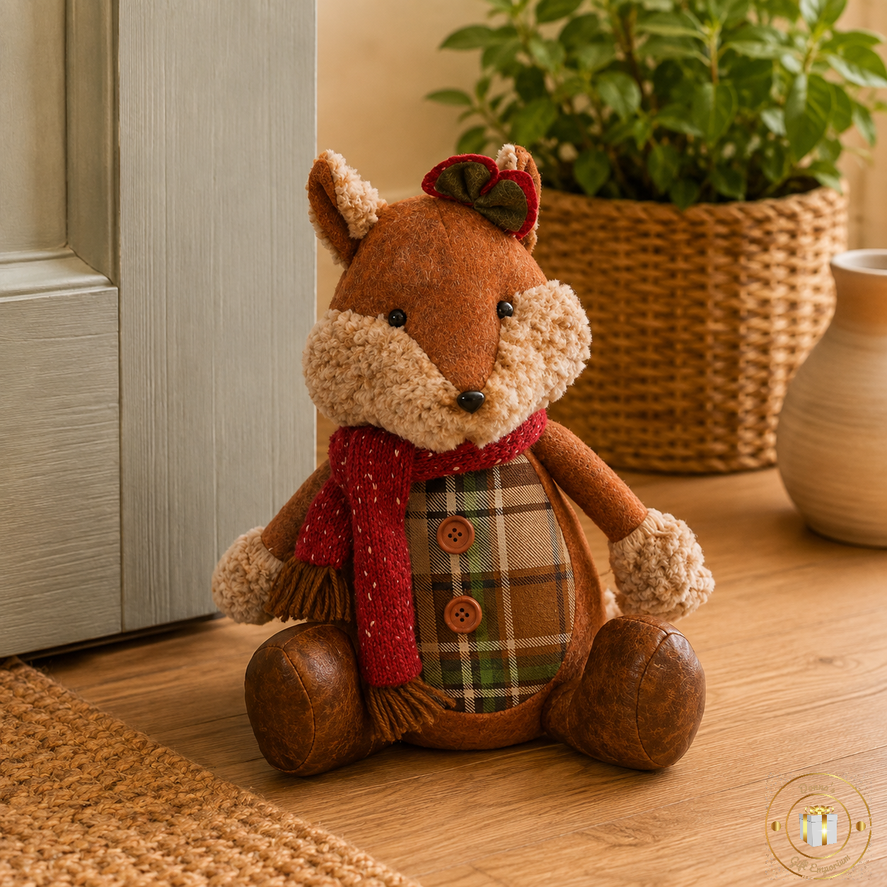 Fox Doorstop with Red Scarf & Tartan Detail