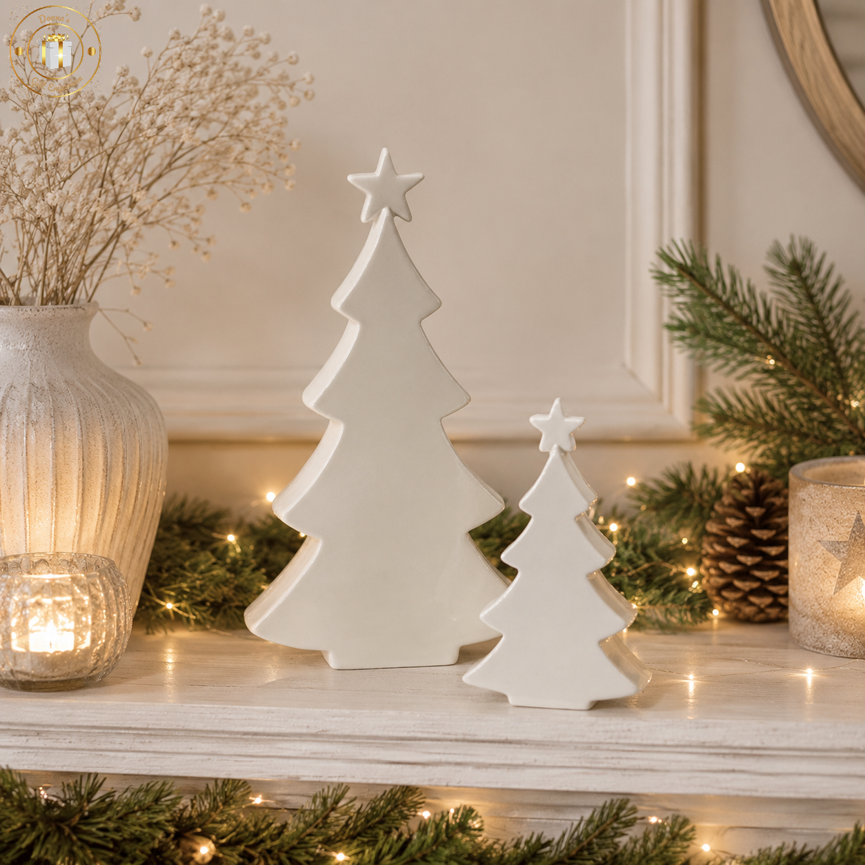 White Glossy Ceramic Christmas Trees - Pair