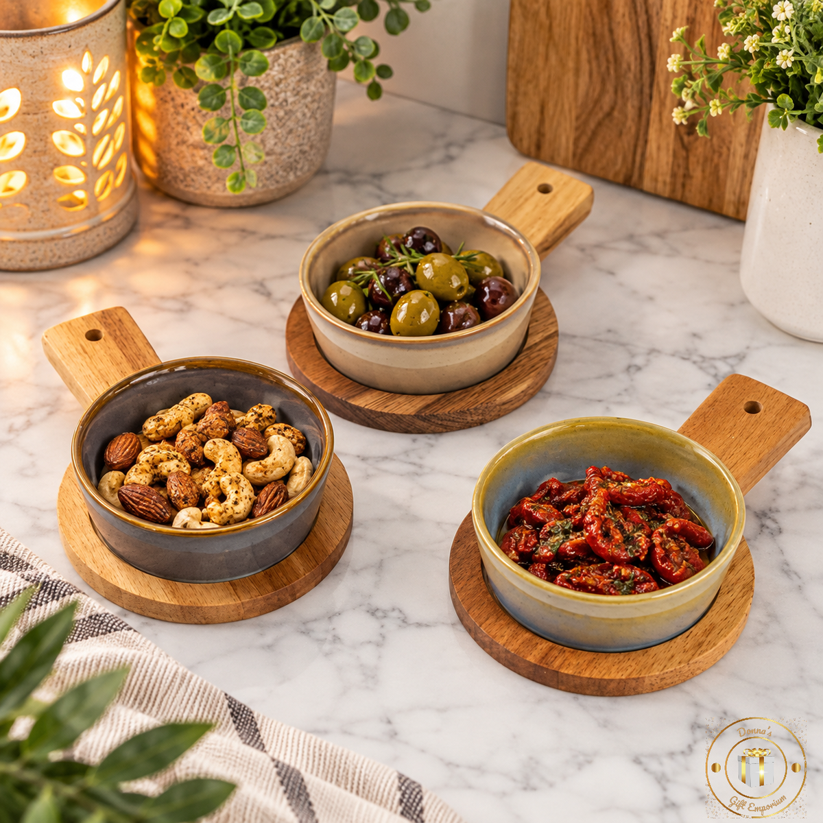 Set of 3 Reactive Glazed Ceramic Serving Bowls with Wooden Boards