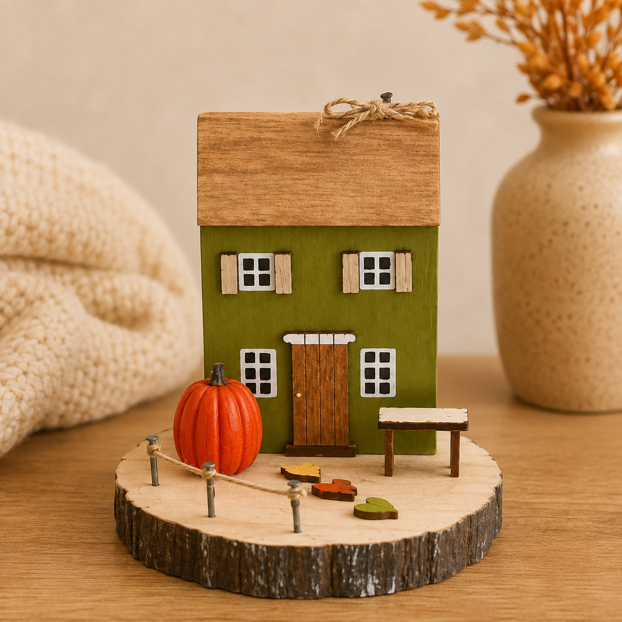 Autumn Green House & Pumpkin Wooden Decoration