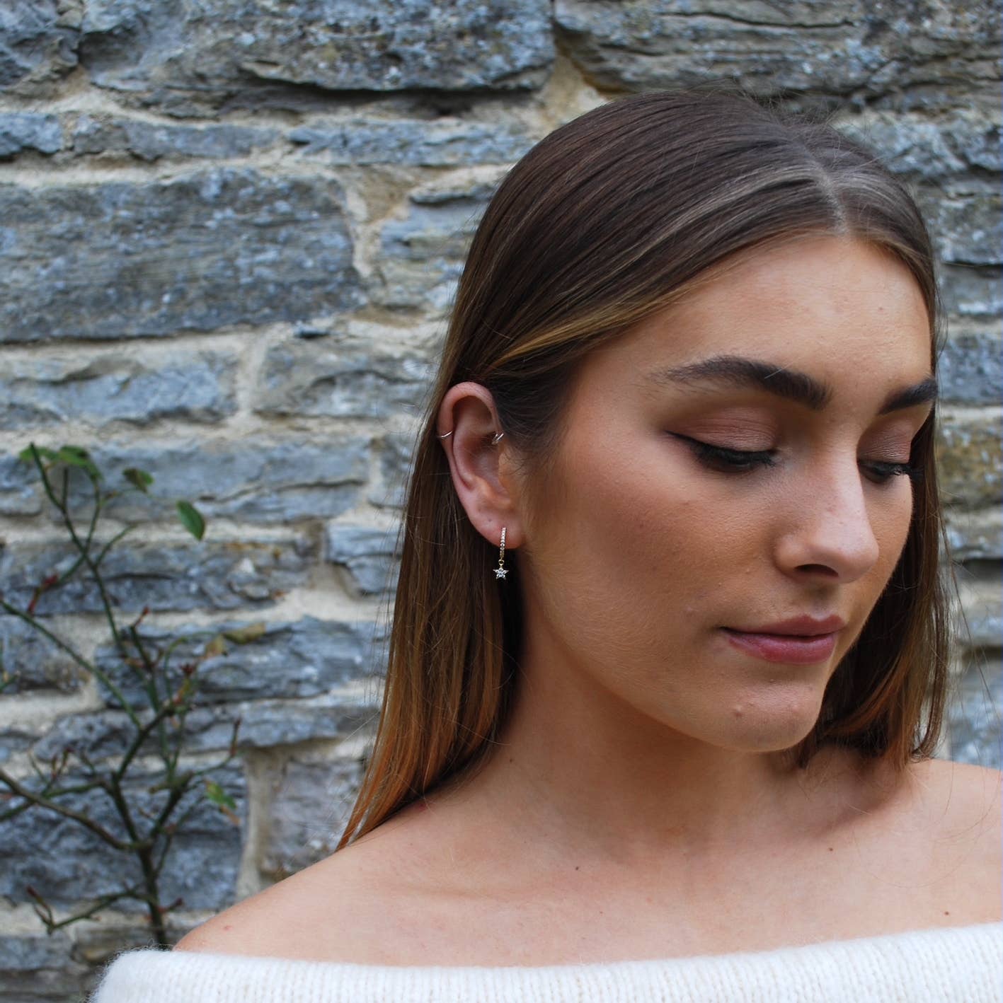 White Cubic Zirconia Star Drop Huggie Earring in Gold