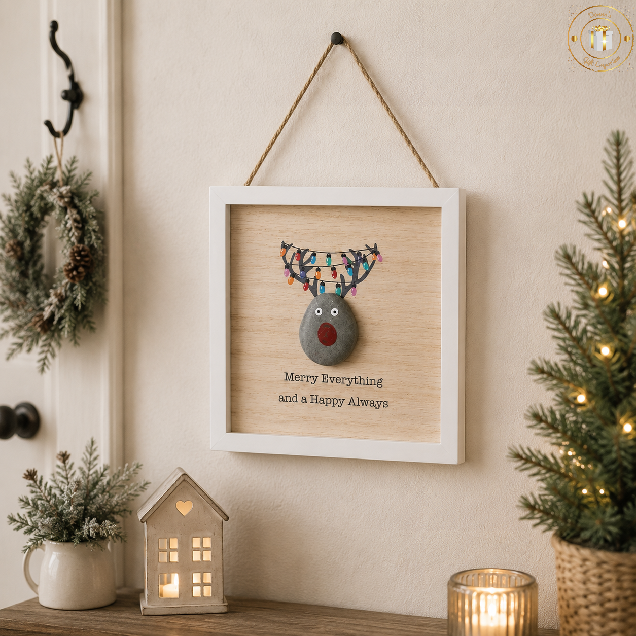 Hanging "Merry Everything And A Happy Always" Pebble Art Reindeer Plaque