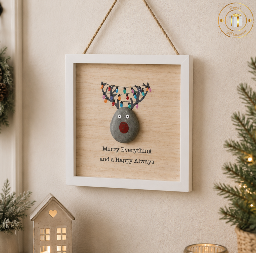 Hanging "Merry Everything And A Happy Always" Pebble Art Reindeer Plaque