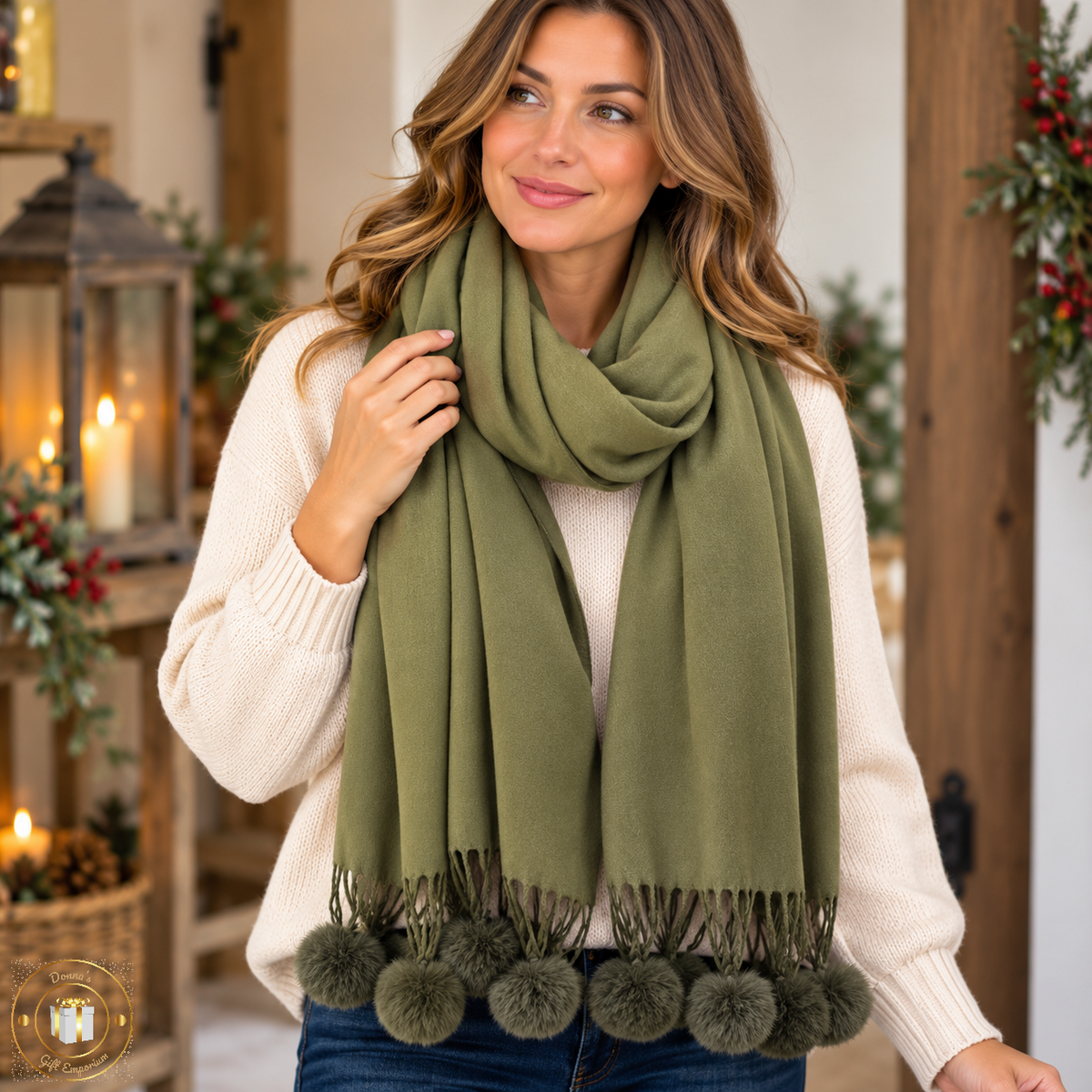 Cashmere Pom Pom Scarf - Olive