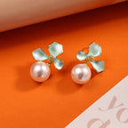 Pearl Drop Flower Earring in Pale Blue & Gold