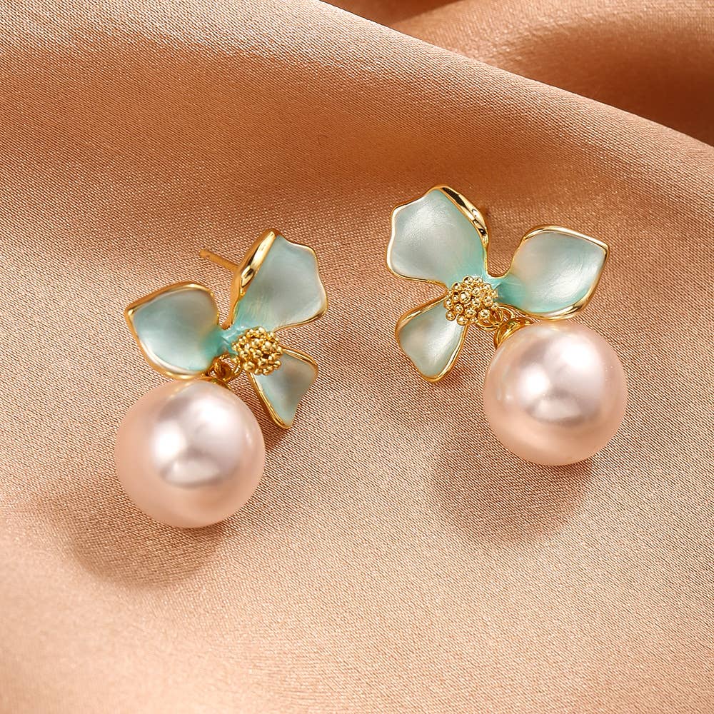 Pearl Drop Flower Earring in Pale Blue & Gold