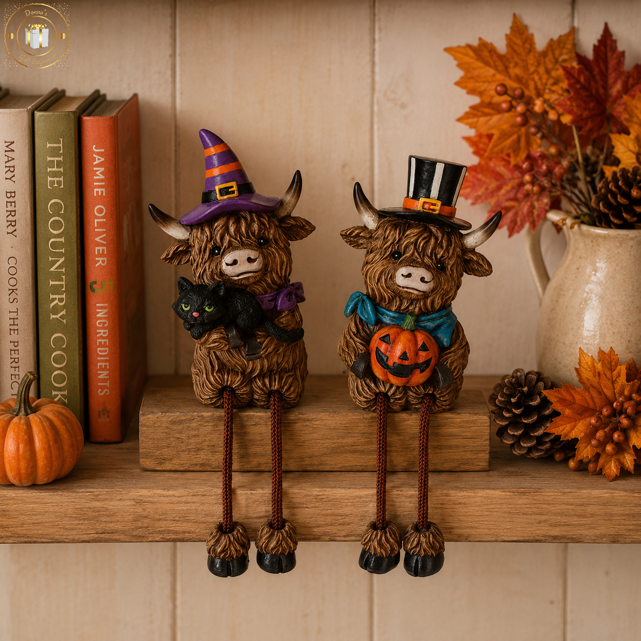 Halloween Highland Cow Shelf Sitters - Cat or Pumpkin