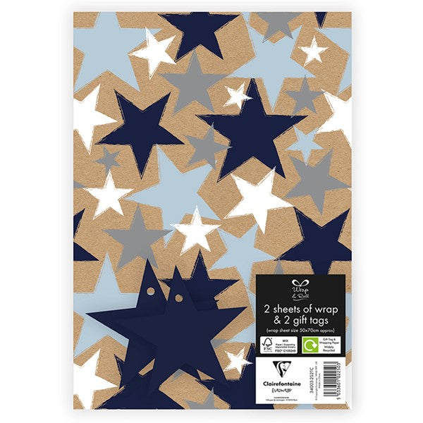 Kraft Blue Stars Wrapping Paper & Tags Pack