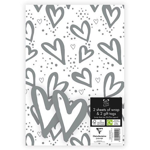 Silver Open Hearts Wrapping Paper & Tags Pack