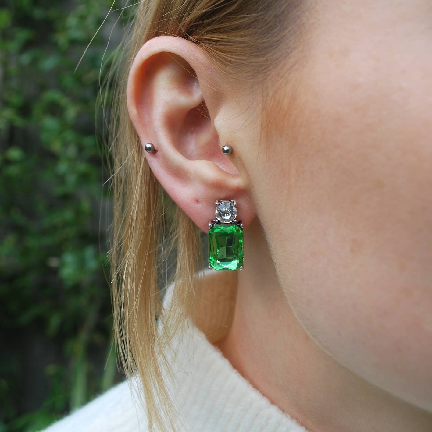 Mini Gem Earring in Silver with Lime & Clear