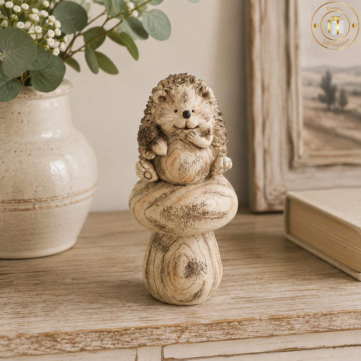 Woodgrain Hedgehog On Mushroom Ornament