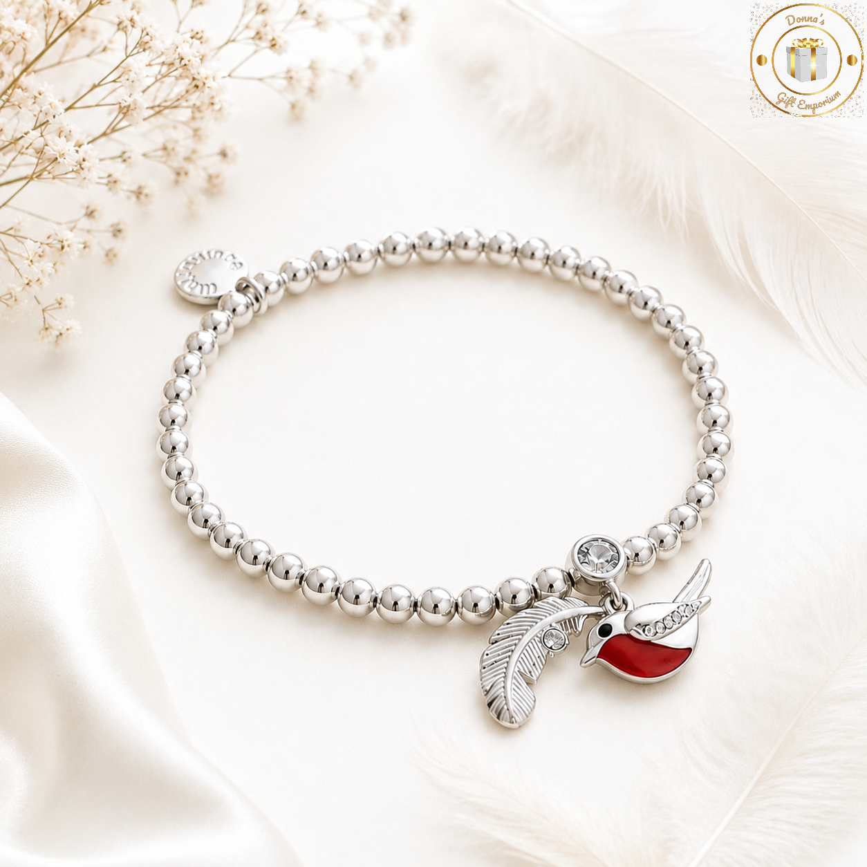 Robins Appear Feather & Robin Silver Plated Stretch Bracelet