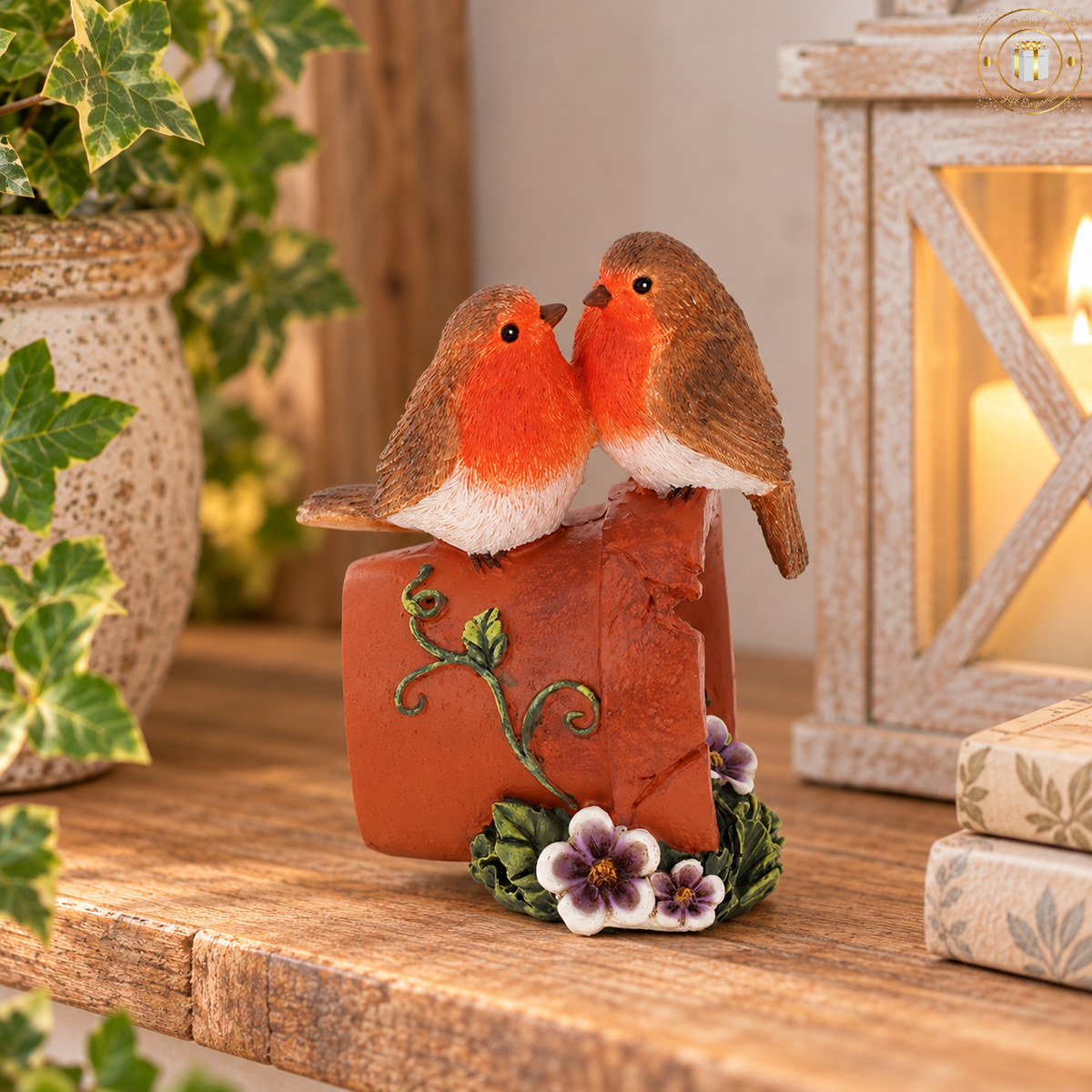 Robin Couple on Terracotta Plant Pot Ornament