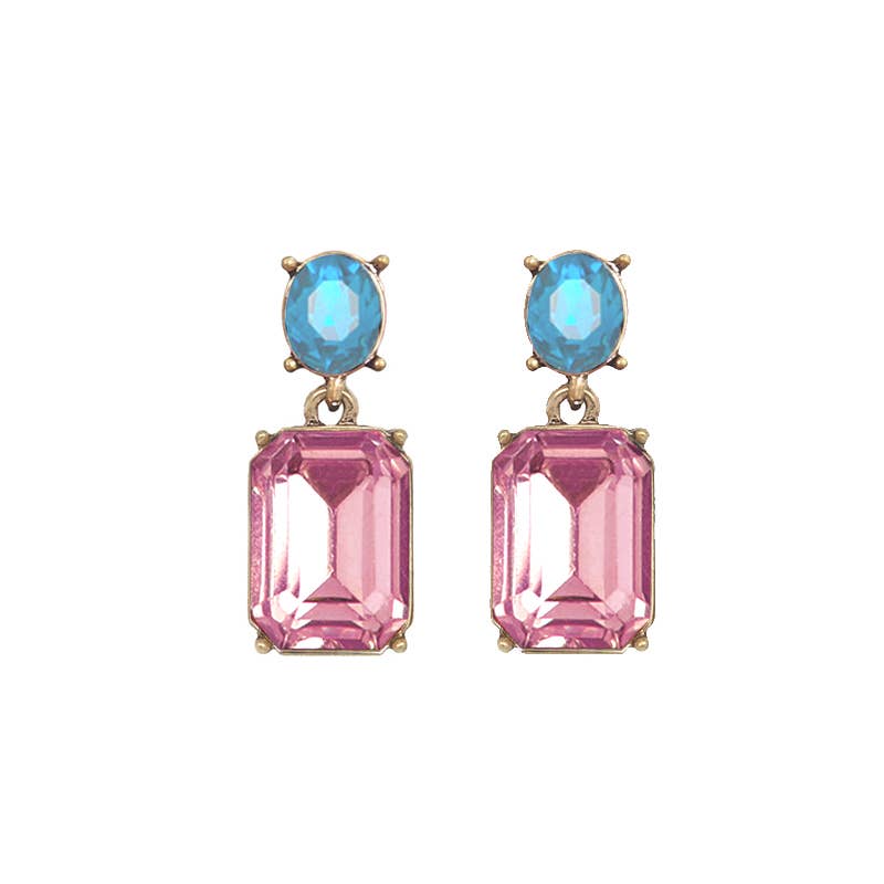 Oval Twin Gem Post Earring in Rose Pink & Turquoise