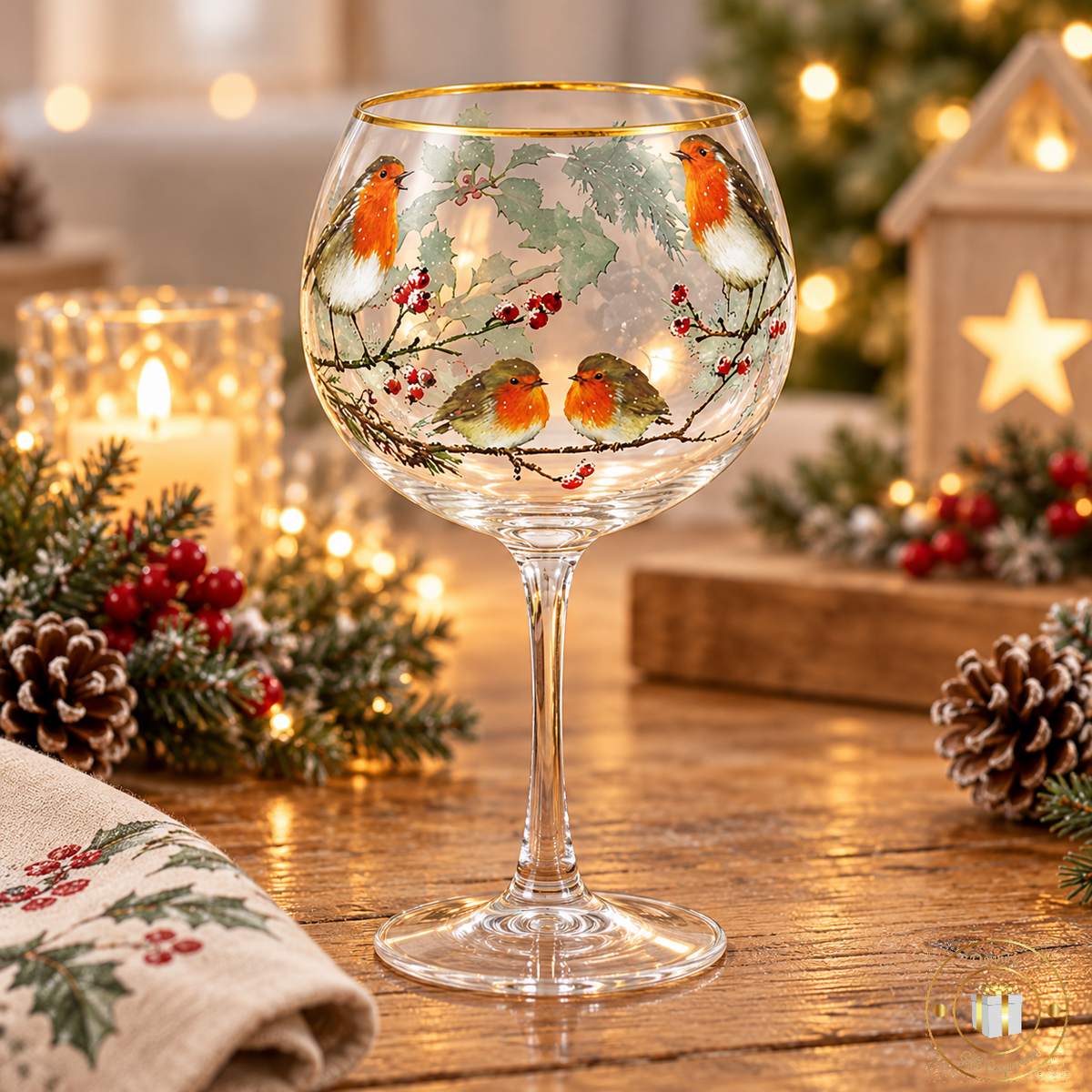Christmas Robin Gin Glass with Gold Rim