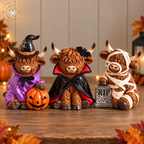 Halloween Highland Cow Figurines – Vampire, Witch & Mummy