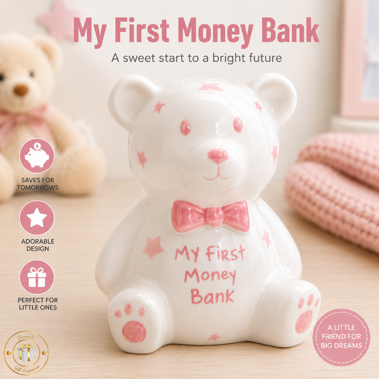 Baby's First Money Bank - Girl Pink Teddy