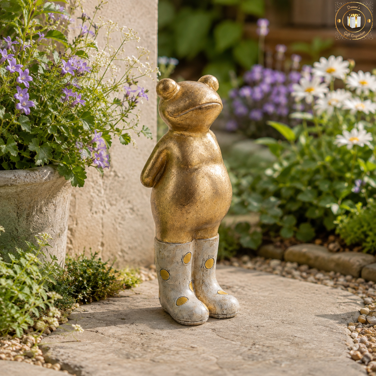 Jerry The Golden Garden Frog In Polka Dot Wellies