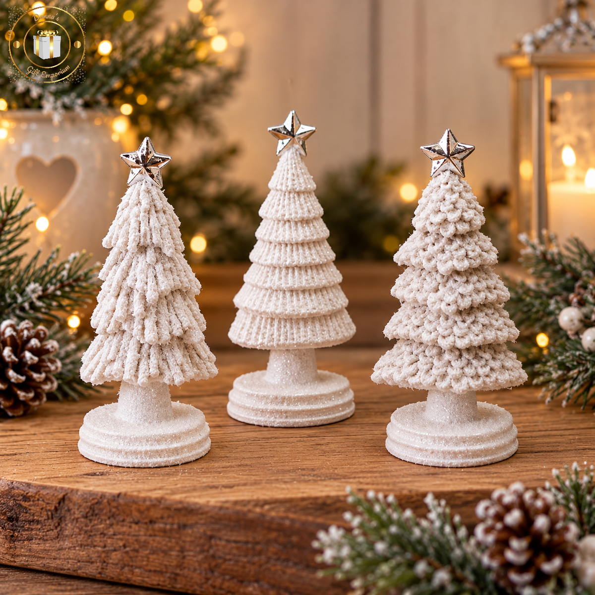 Set of 3 White Textured Christmas Trees with Silver Stars