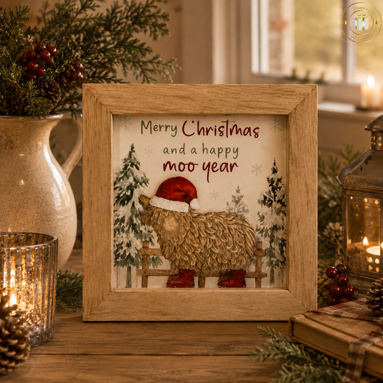 Merry Christmas & A Happy Moo Year Framed Highland Cow Plaque