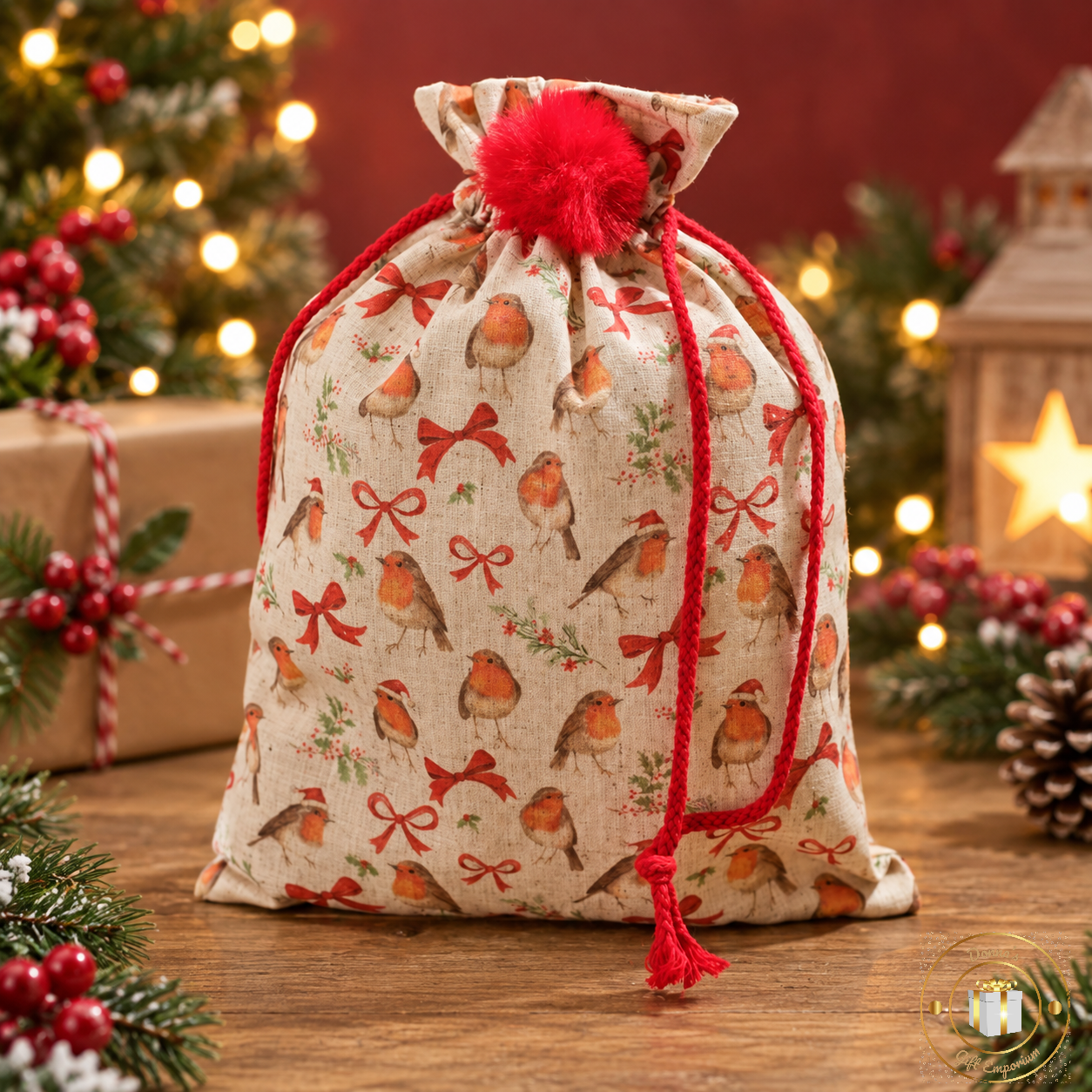 Festive Robin Christmas Gift Sack