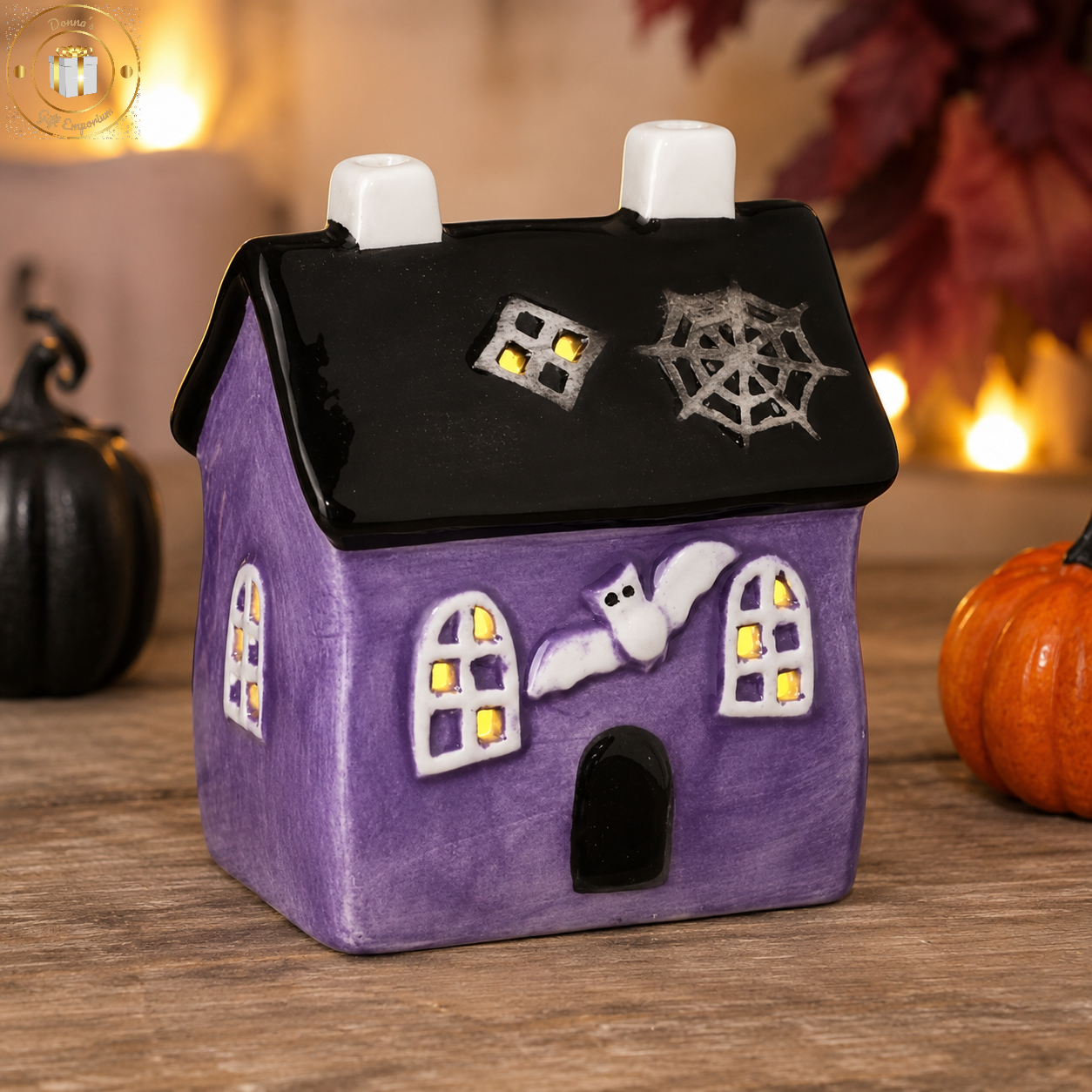 Ceramic LED Purple Haunted Halloween House