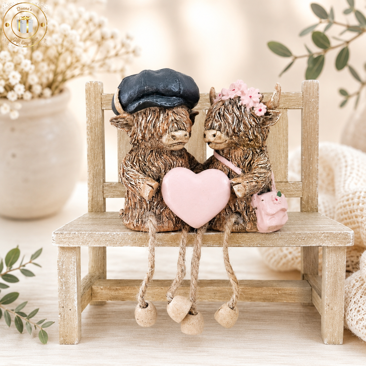 Highland Cow Couple Shelf Sitter - Blue & Pink