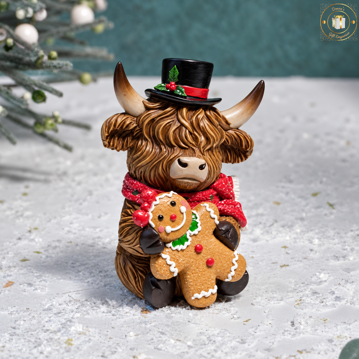 Festive Highland Cow with Gingerbread Man