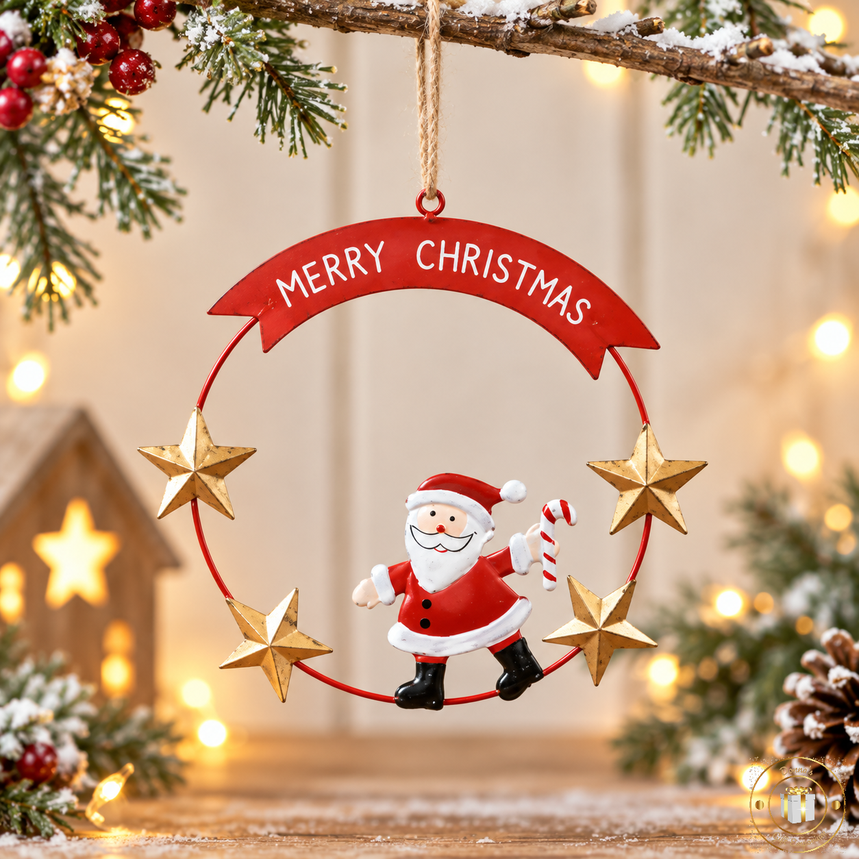 Merry Christmas Santa &amp; Gold Star Hanging Decoration