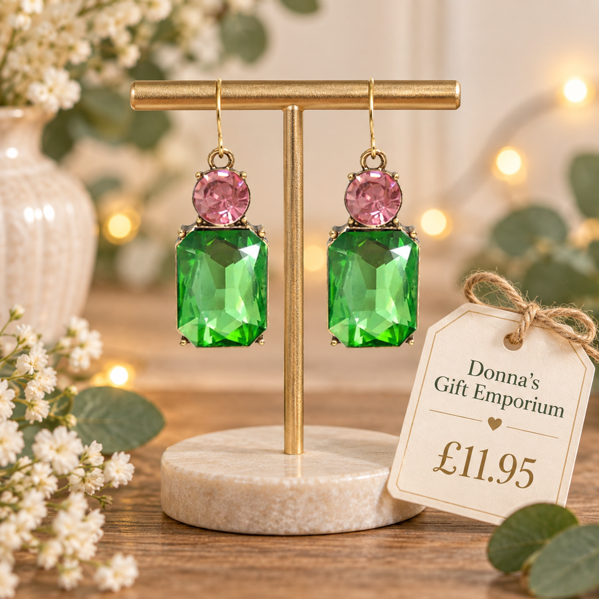 Twin Gem Earring in Green & Pink