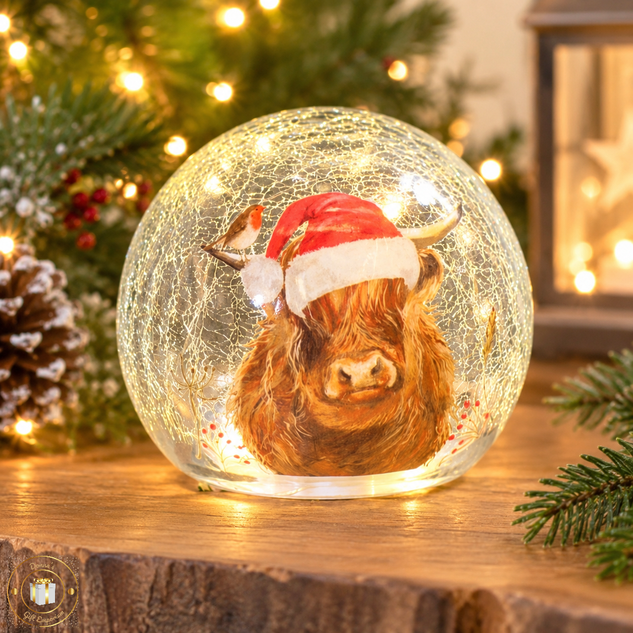 Christmas LED Highland Cow Crackle Glass Ball
