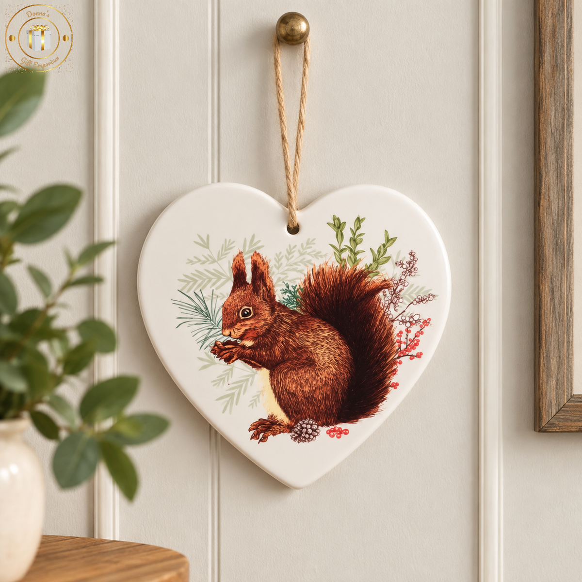 Festive Ceramic Squirrel Heart Hanging Decoration