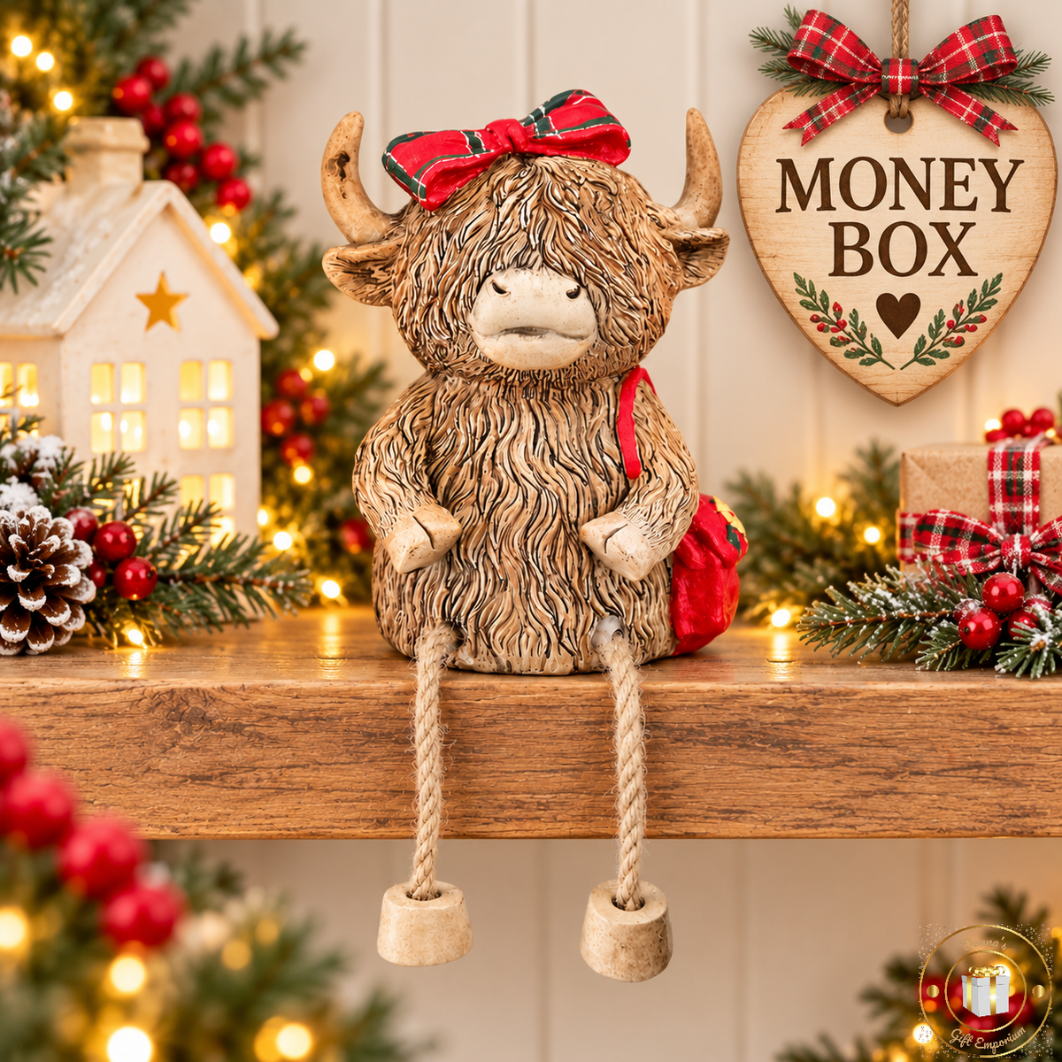 Festive Tartan Highland Cow Money Box