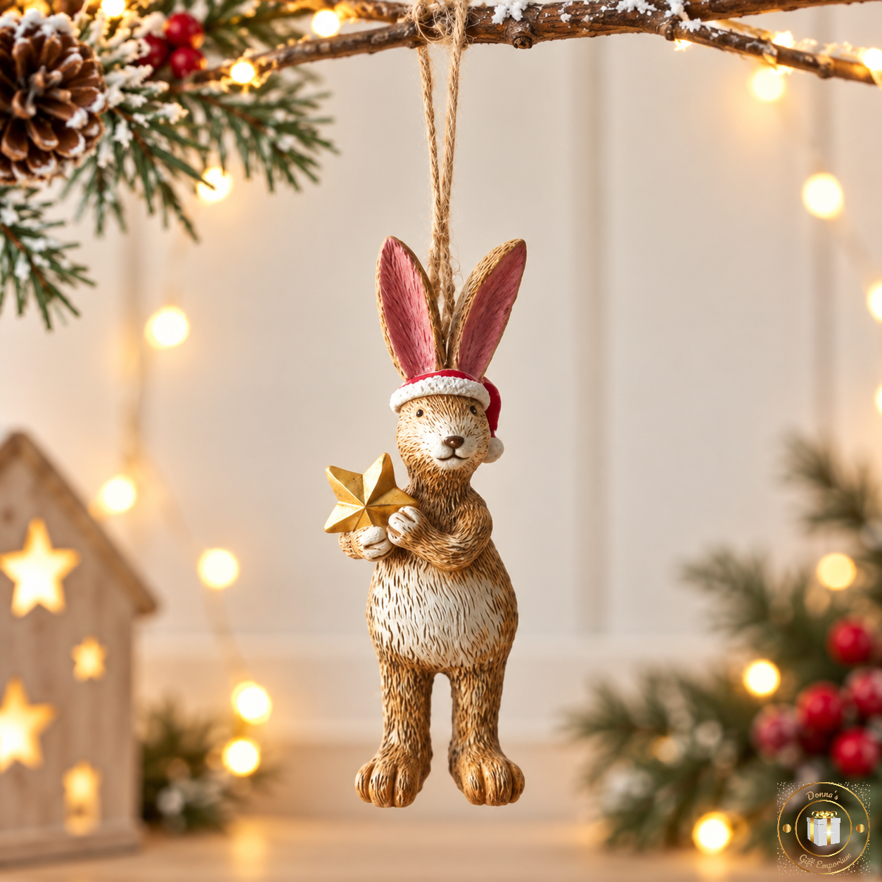 Festive Rabbit with Gold Star Hanging Decoration