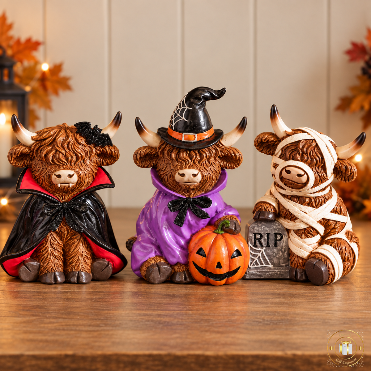 Halloween Highland Cow Figurines – Vampire, Witch & Mummy