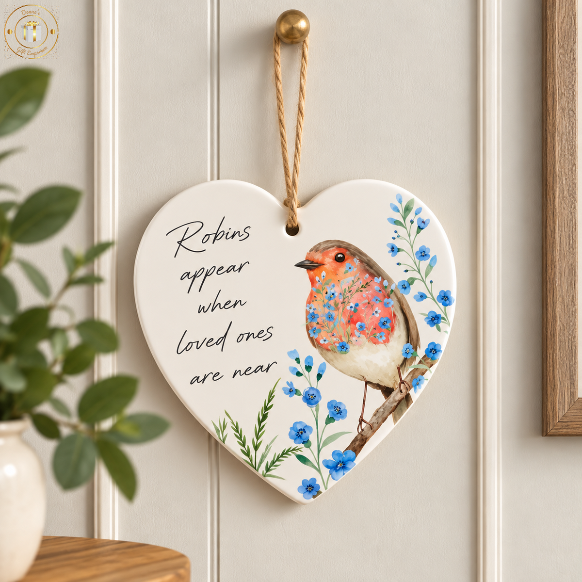 Robins Appear Forget Me Not Ceramic Hanging Heart